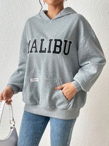 SHEIN EZwear Letter Graphic Kangaroo Pocket Drop Shoulder Hoodie - Grey - View 4