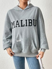 SHEIN EZwear Letter Graphic Kangaroo Pocket Drop Shoulder Hoodie - Grey - View 5