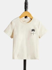 SHEIN Boys' Casual Loose Comfortable Versatile Coconut Tree Graphic Short Sleeve Top - Beige - View 6