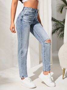 貓須破洞媽媽牛仔褲 - 淺色水洗藍 - 查看 3