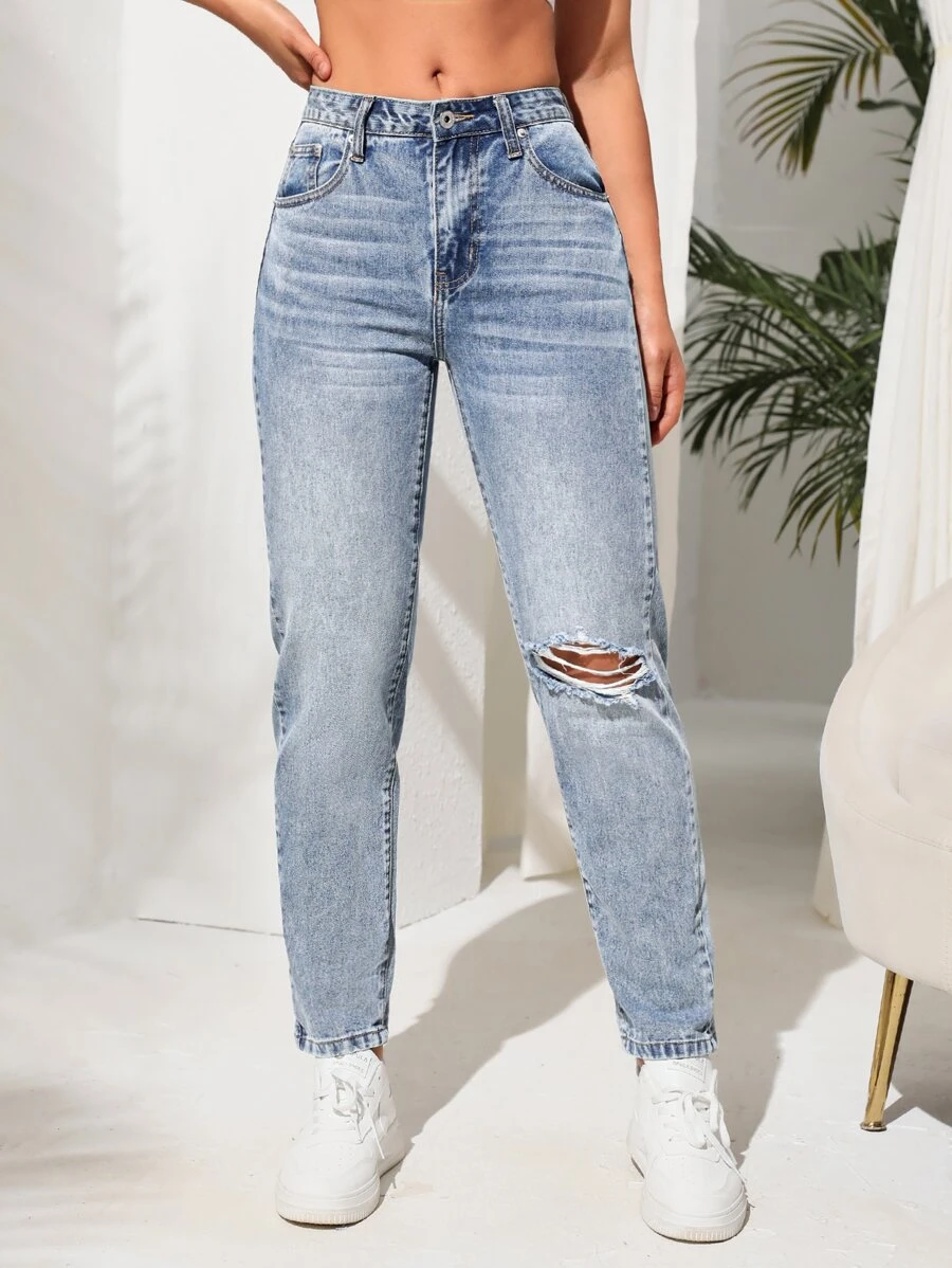 貓須破洞媽媽牛仔褲 - 淺色水洗藍 - 查看 1