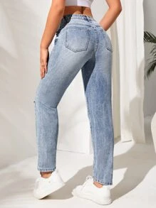 貓須破洞媽媽牛仔褲 - 淺色水洗藍 - 查看 2