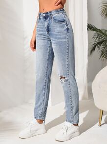 貓須破洞媽媽牛仔褲 - 淺色水洗藍 - 查看 5