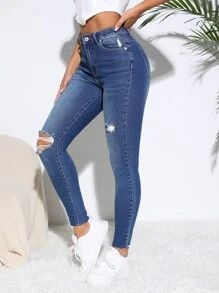 Jeans ajustados desgarro de talle alto - Azul lavado oscuro - Ver 4