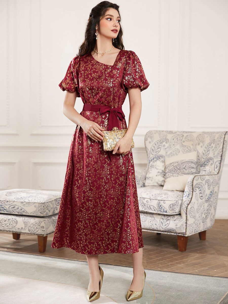 Al Najma Burgundy Red Gold Floral Print Puff Sleeve Belted Dress - Burgundy - View 1