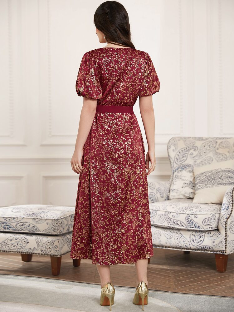 Burgundy Red Gold Floral Print Puff Sleeve Belted Dress