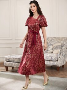 Al Najma Burgundy Red Gold Floral Print Puff Sleeve Belted Dress - Burgundy - View 4