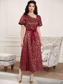 Al Najma Burgundy Red Gold Floral Print Puff Sleeve Belted Dress - Burgundy - View 5