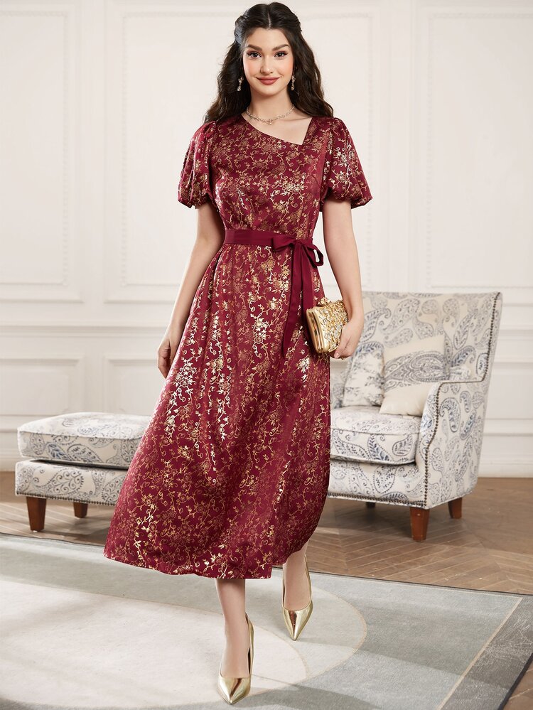 Burgundy Red Gold Floral Print Puff Sleeve Belted Dress