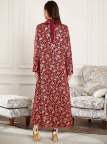 Al Najma Burgundy Red Floral Print Open Front Coat & Dress - Burgundy - View 2