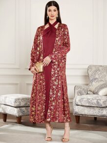 Al Najma Burgundy Red Floral Print Open Front Coat & Dress - Burgundy - View 5