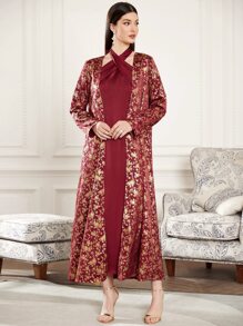 Al Najma Burgundy Red Floral Print Open Front Coat & Dress - Burgundy - View 6