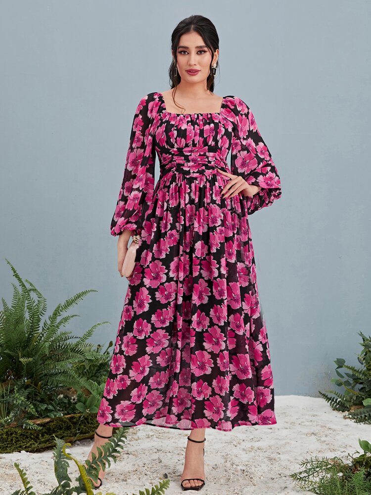 Allover Floral Print Square Neck Lantern Sleeve Chiffon Dress