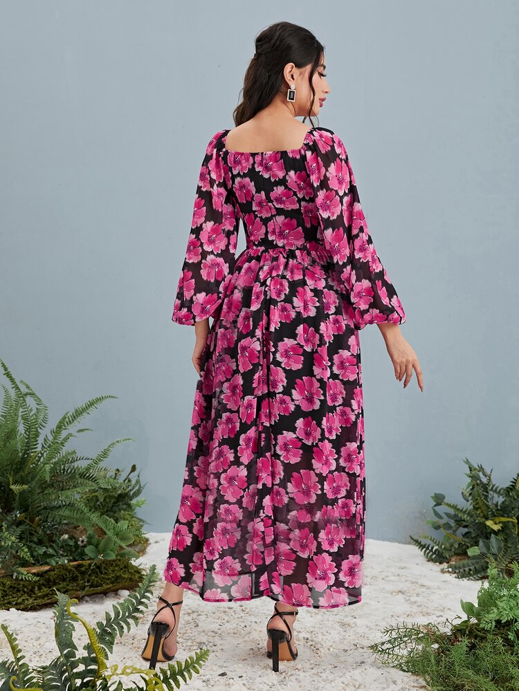 Allover Floral Print Square Neck Lantern Sleeve Chiffon Dress