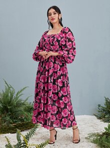 Modelyn Allover Floral Print Square Neck Lantern Sleeve Chiffon Dress - Multicolor - View 3