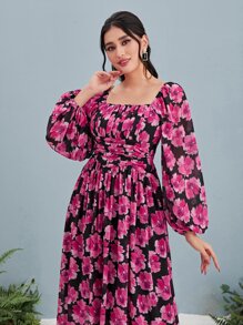 Modelyn Allover Floral Print Square Neck Lantern Sleeve Chiffon Dress - Multicolor - View 4
