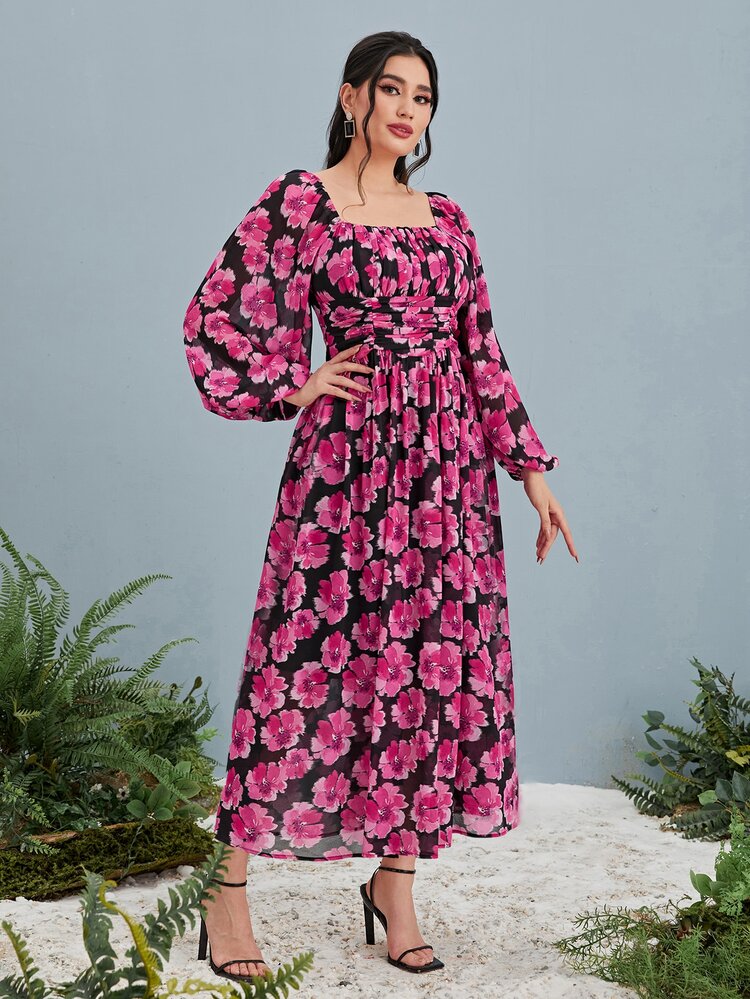 Allover Floral Print Square Neck Lantern Sleeve Chiffon Dress