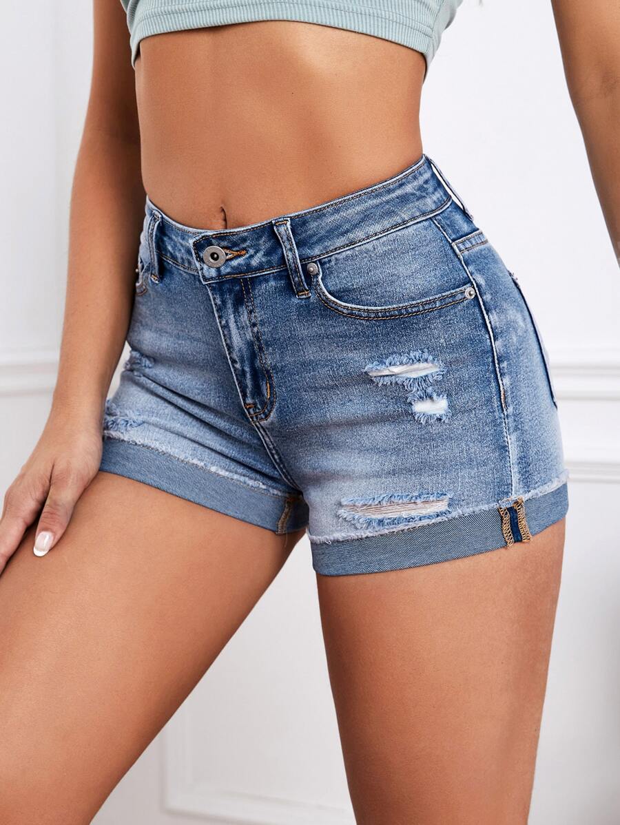 Ripped Roll Up Hem Denim Shorts - Medium Wash - View 1