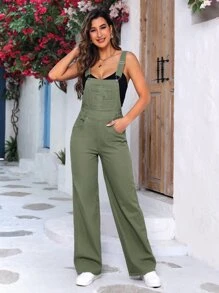 Patched Pocket Denim Overalls Without Cami Top - Army Green - View 1