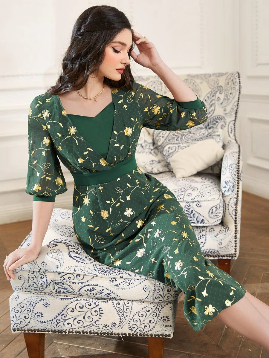 Al Najma Floral Print Lantern Sleeve Split Back Dress - Dark Green - View 1