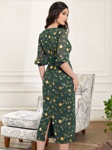 Al Najma Floral Print Lantern Sleeve Split Back Dress - Dark Green - View 2