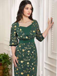 Al Najma Floral Print Lantern Sleeve Split Back Dress - Dark Green - View 3