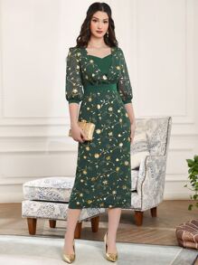Al Najma Floral Print Lantern Sleeve Split Back Dress - Dark Green - View 4