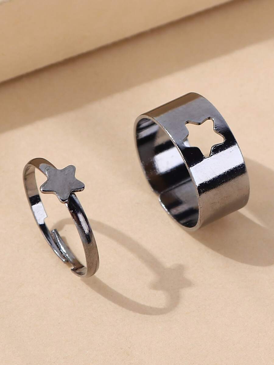 2入組星形裝飾戒指 - 槍黑色 - 查看 1