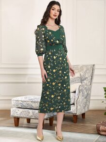 Al Najma Floral Print Lantern Sleeve Split Back Dress - Dark Green - View 6