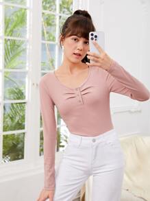 SHEIN Chicas adolescentes Camiseta fruncido delantero tejido de canalé - Rosa Pálido - Ver 1