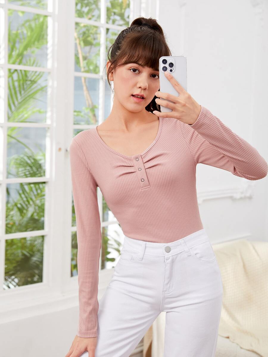 SHEIN Chicas adolescentes Camiseta fruncido delantero tejido de canalé - Rosa Pálido - Ver 1