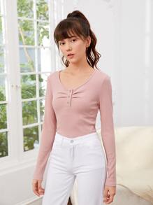 SHEIN Chicas adolescentes Camiseta fruncido delantero tejido de canalé - Rosa Pálido - Ver 3