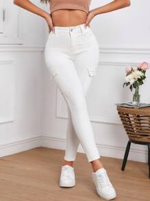 Flap Pocket Side Skinny Jeans - White - View 2