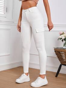 Flap Pocket Side Skinny Jeans - White - View 5