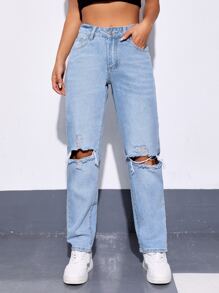 Ripped Mom Fit Jeans - Light Wash - View 1