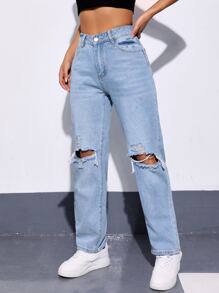 Ripped Mom Fit Jeans - Light Wash - View 3