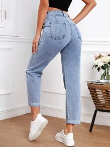 Zipper Fly Mom Fit Jeans - Medium Wash - View 2