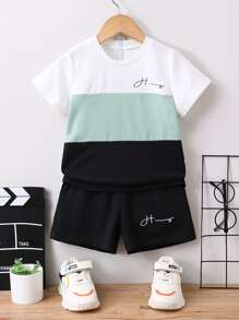 SHEIN Toddler Boys Letter Graphic Colourblock Tee & Shorts - Multicolor - View 1