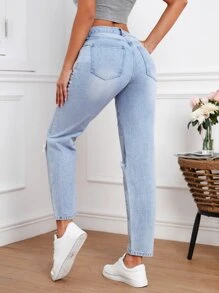 Slant Pocket Ripped Mom Fit Jeans - Light Wash - View 3