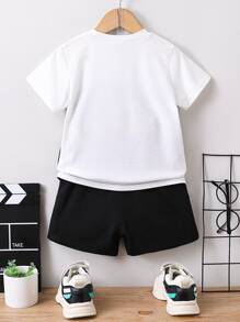 SHEIN Toddler Boys Letter Graphic Colourblock Tee & Shorts - Multicolor - View 2