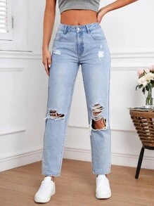 Slant Pocket Ripped Mom Fit Jeans - Light Wash - View 1