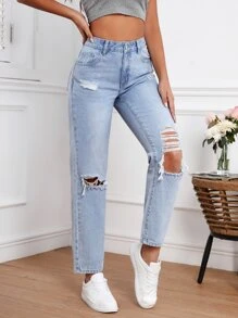 Slant Pocket Ripped Mom Fit Jeans - Light Wash - View 6