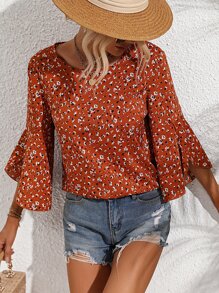 SHEIN VCAY 小碎花花瓣荷葉袖襯衫 - 橘色 - 查看 1