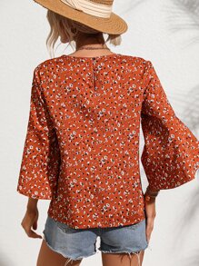 SHEIN VCAY 小碎花花瓣荷葉袖襯衫 - 橘色 - 查看 2