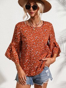 SHEIN VCAY 小碎花花瓣荷葉袖襯衫 - 橘色 - 查看 3