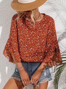 SHEIN VCAY 小碎花花瓣荷葉袖襯衫 - 橘色 - 查看 4