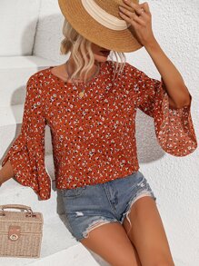 SHEIN VCAY 小碎花花瓣荷葉袖襯衫 - 橘色 - 查看 5