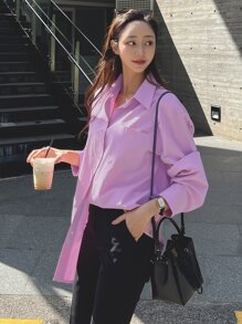 DAZY 落肩口袋贴布衬衫，秋季女装 - 粉色 - 查看 3