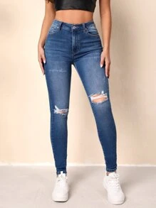 Jeans ajustados desgarro de talle alto - Azul lavado oscuro - Ver 1