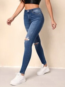 Jeans ajustados desgarro de talle alto - Azul lavado oscuro - Ver 2